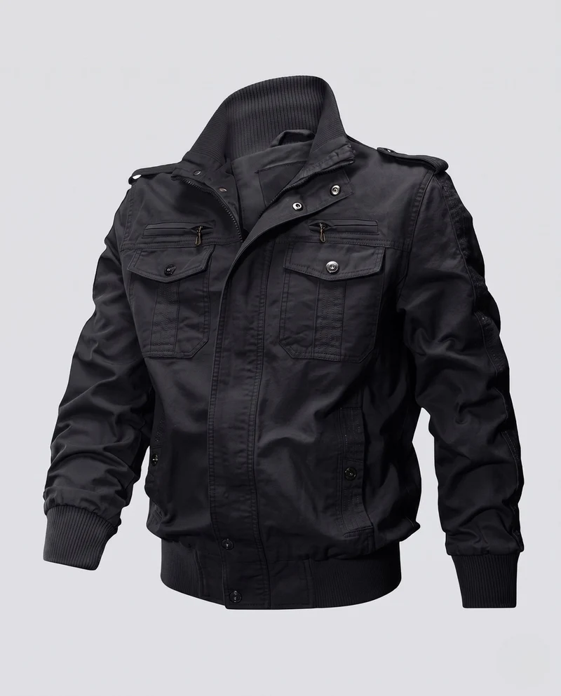Herren Short-Cut Canvas Blouson mit Stehkragen und Multifunktions Taschen Nord Taschen
