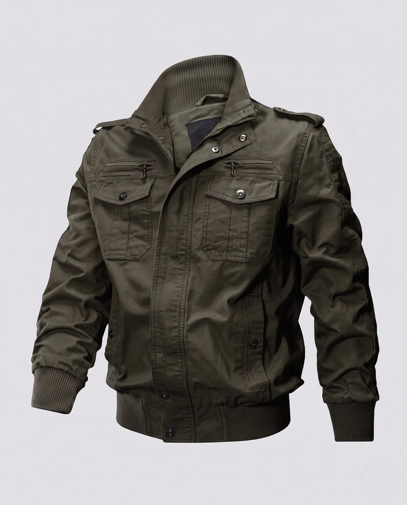 Herren Short-Cut Canvas Blouson mit Stehkragen und Multifunktions Taschen Nord Taschen