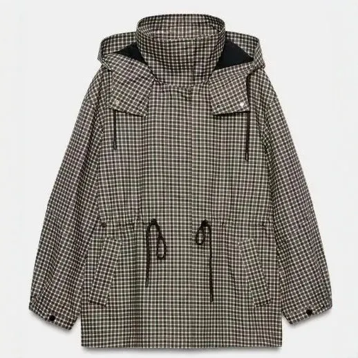 Damen karierter Anorak mit Kapuze und Tunnelzug Nord Taschen