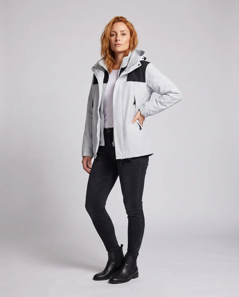 Damen Zwei-Lagen Softshell 2-in-1 Funktionsjacke mit abnehmbarer Fleece-Innenjacke und verstellbarem Kapuze Nord Taschen