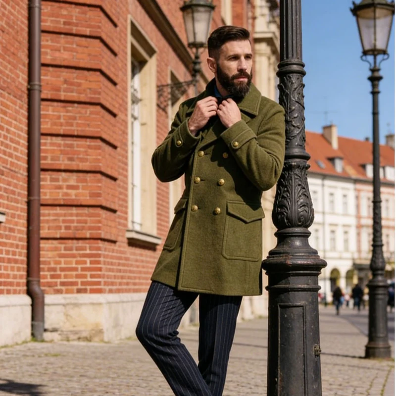 Herren Doppelreihiger Peacoat aus Wollmix mit Metallknöpfen und aufgesetzten Pattentaschen Nord Taschen