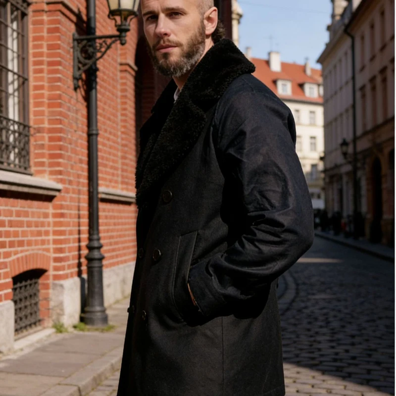 Herren Doppelreihiger Kurzmantel aus Wollmix mit großem Teddykragen Nord Taschen
