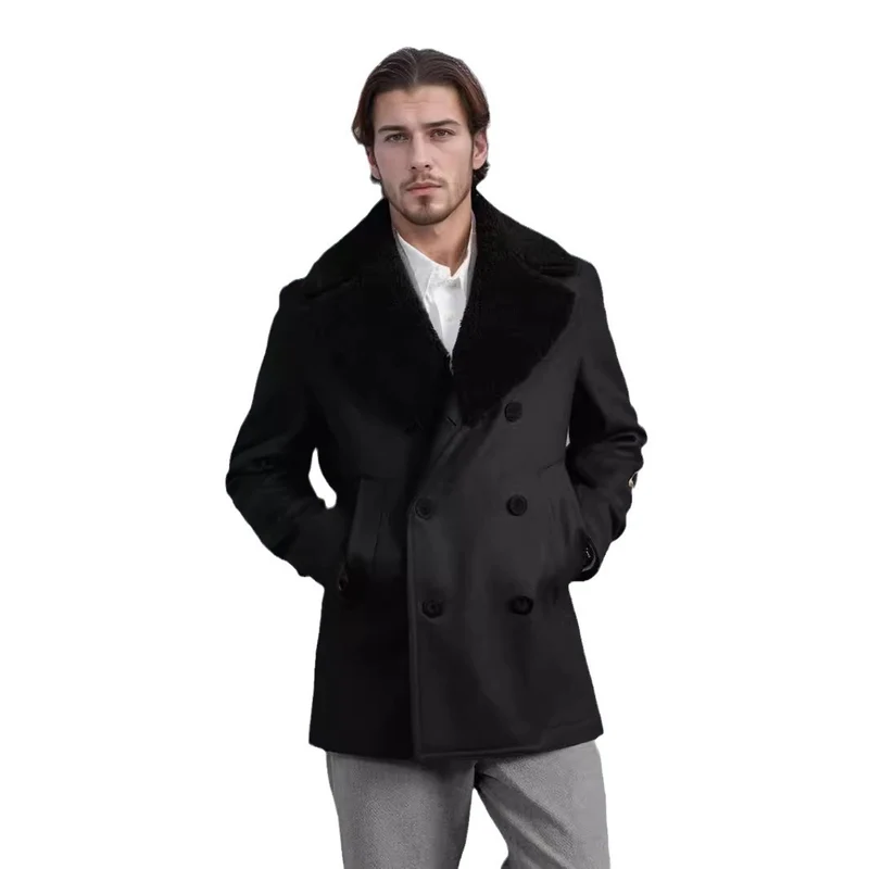 Herren Doppelreihiger Kurzmantel aus Wollmix mit großem Teddykragen Nord Taschen