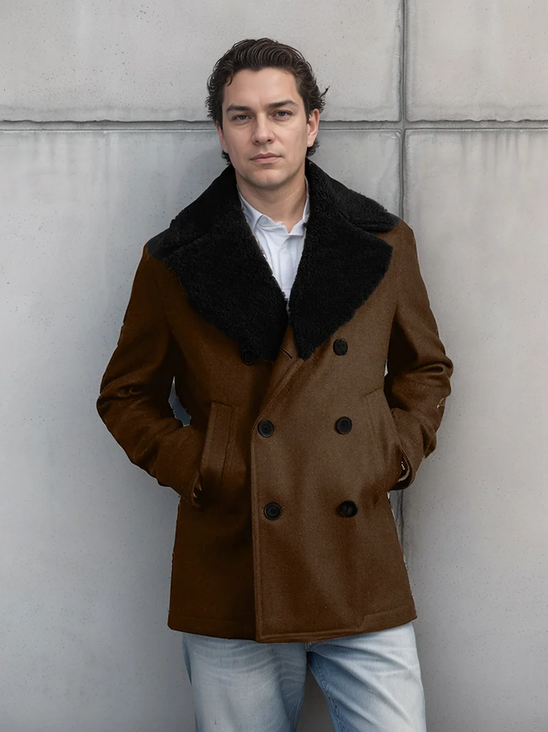 Herren Doppelreihiger Kurzmantel aus Wollmix mit großem Teddykragen Nord Taschen