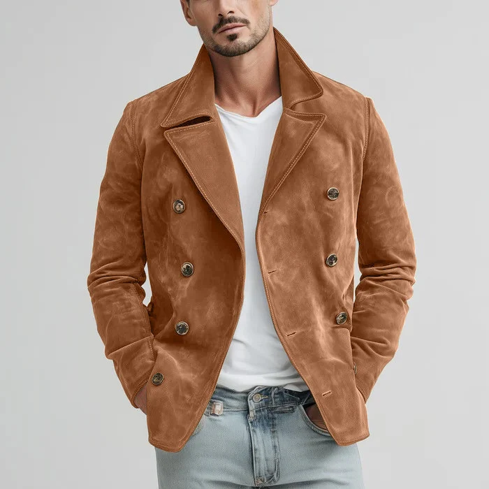 Herren Doppelreihige Velourslederjacke im Kurzmantel-Blouson mit markantem Revers Nord Taschen