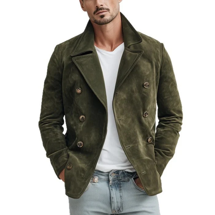Herren Doppelreihige Velourslederjacke im Kurzmantel-Blouson mit markantem Revers Nord Taschen