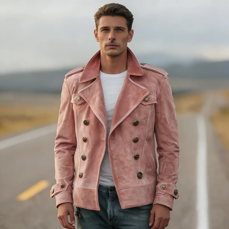Herren Doppelreihige Lederjacke im Vintage-Look mit Schalkragen und Schulterklappen Nord Taschen