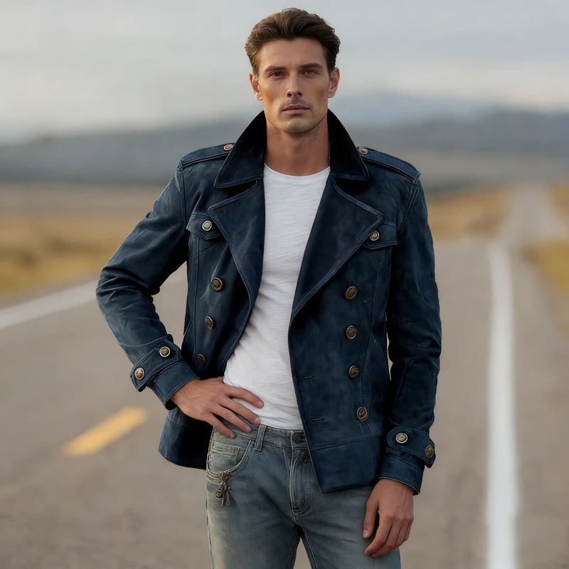 Herren Doppelreihige Lederjacke im Vintage-Look mit Schalkragen und Schulterklappen Nord Taschen