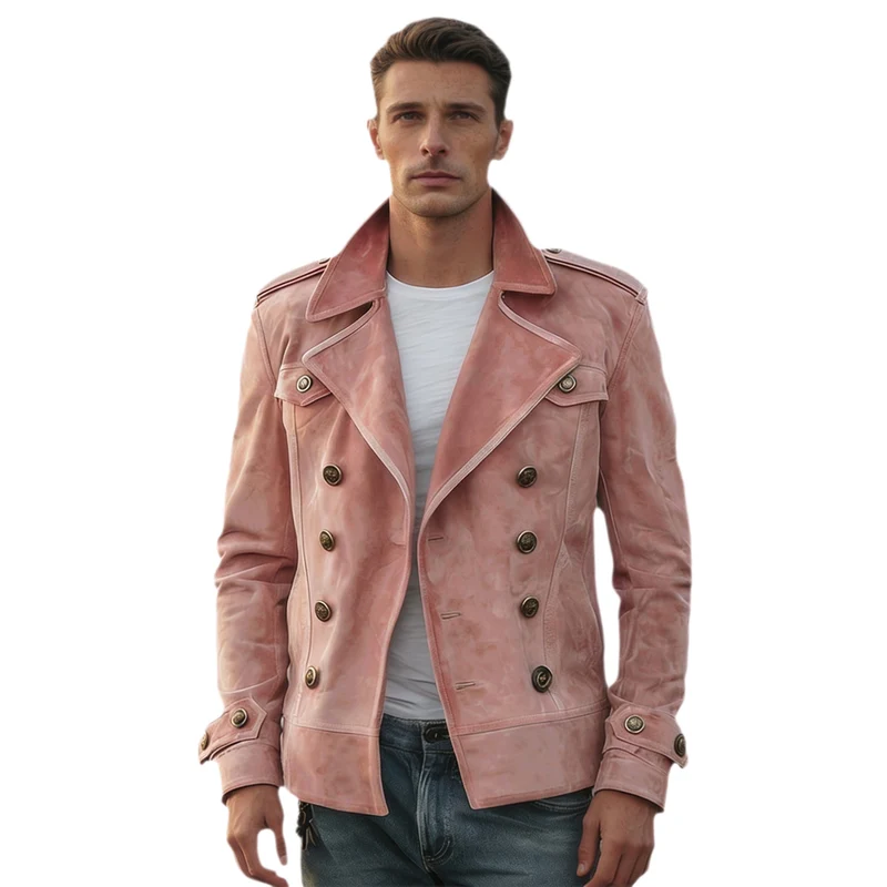 Herren Doppelreihige Lederjacke im Vintage-Look mit Schalkragen und Schulterklappen Nord Taschen