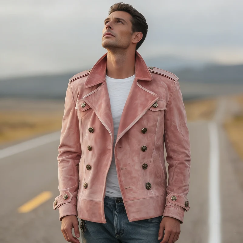 Herren Doppelreihige Lederjacke im Vintage-Look mit Schalkragen und Schulterklappen Nord Taschen
