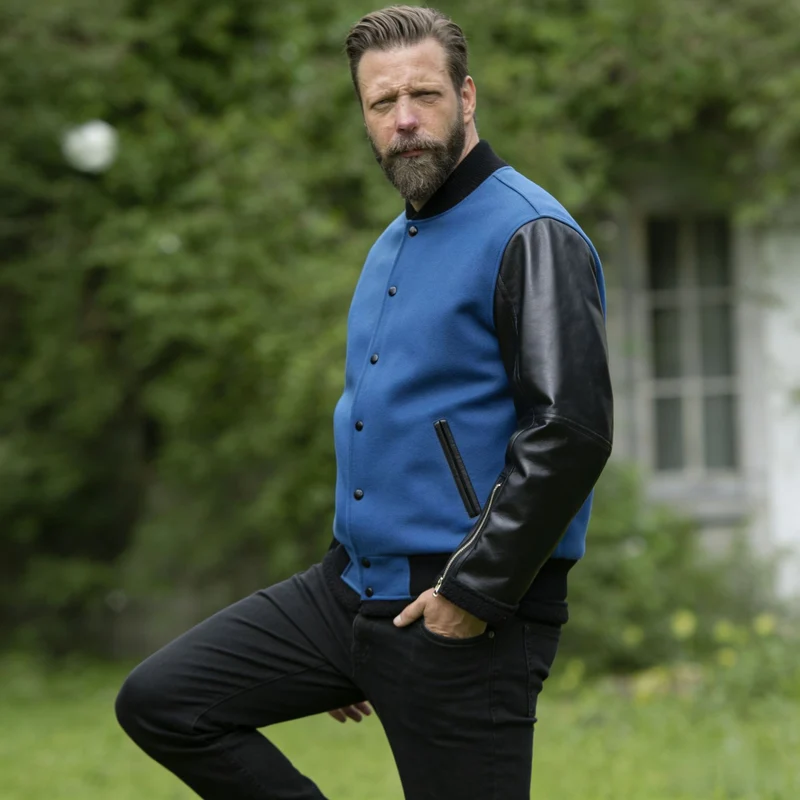 Herren College-Bomberjacke im Varsity-Stil mit Wollkörper und Lederärmeln Nord Taschen