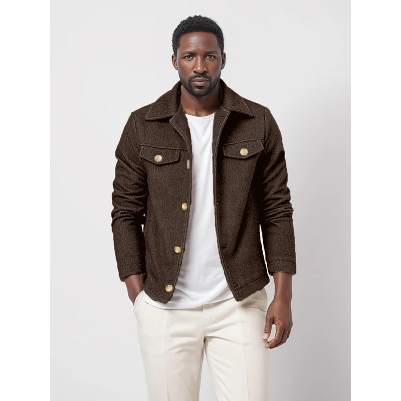 Herren Bouclé-Workerjacke mit Hemdkragen, Brustpattentaschen und Metallknöpfen Nord Taschen