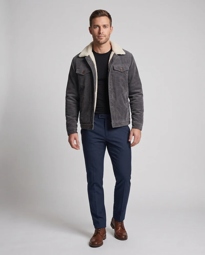 Herren Cordjacke im Trucker-Stil mit durchgehendem Sherpa-Futter und Teddy-Kragen Nord Taschen