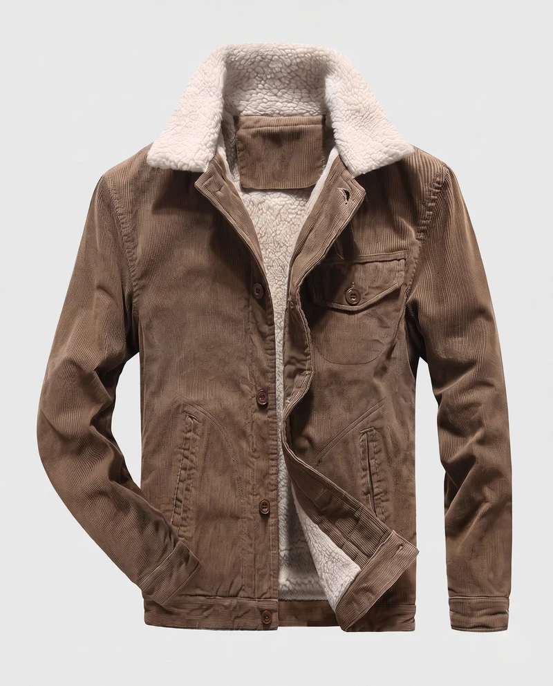 Herren Cordjacke im Trucker-Stil mit durchgehendem Sherpa-Futter und Teddy-Kragen Nord Taschen