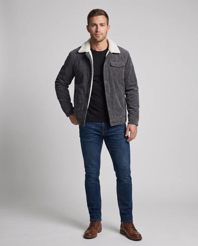 Herren-Kord-Arbeitsjacke mit vollständigem Sherpa-Futter, Hemdkragen und Seitentaschen Nord Taschen