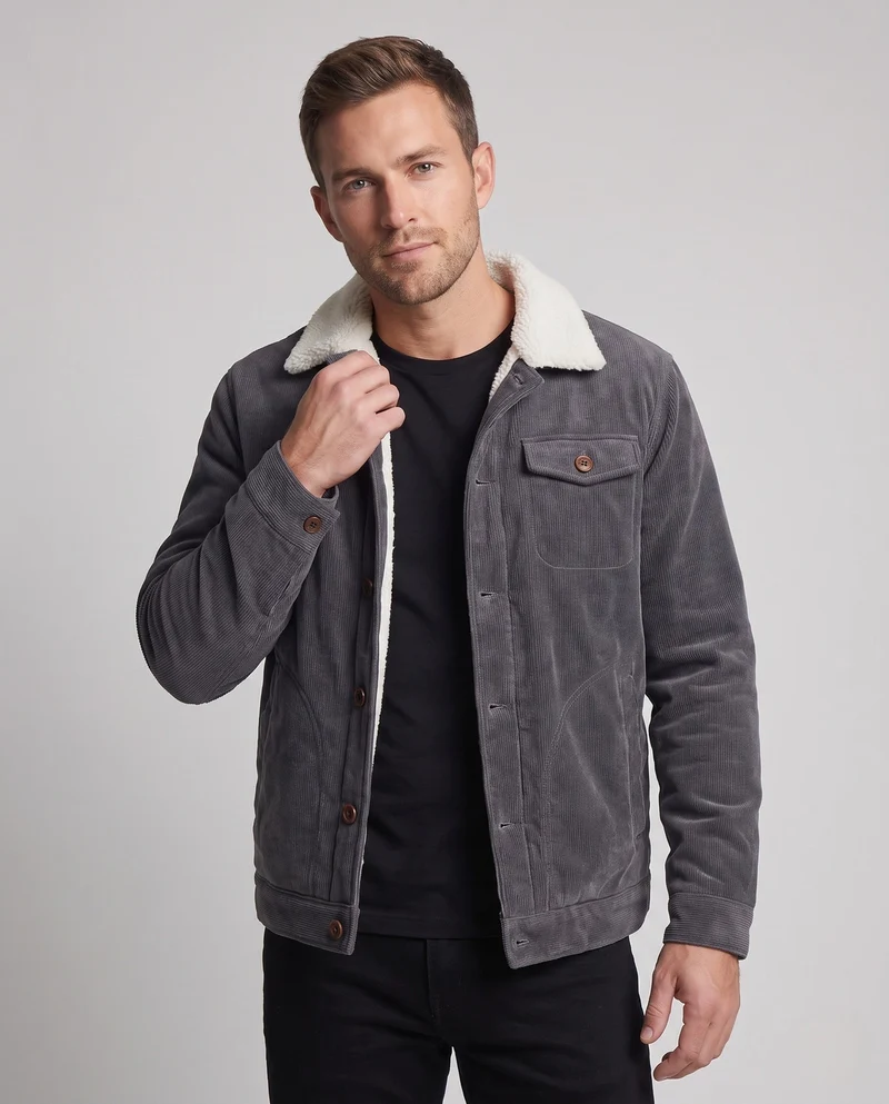Herren-Kord-Arbeitsjacke mit vollständigem Sherpa-Futter, Hemdkragen und Seitentaschen Nord Taschen