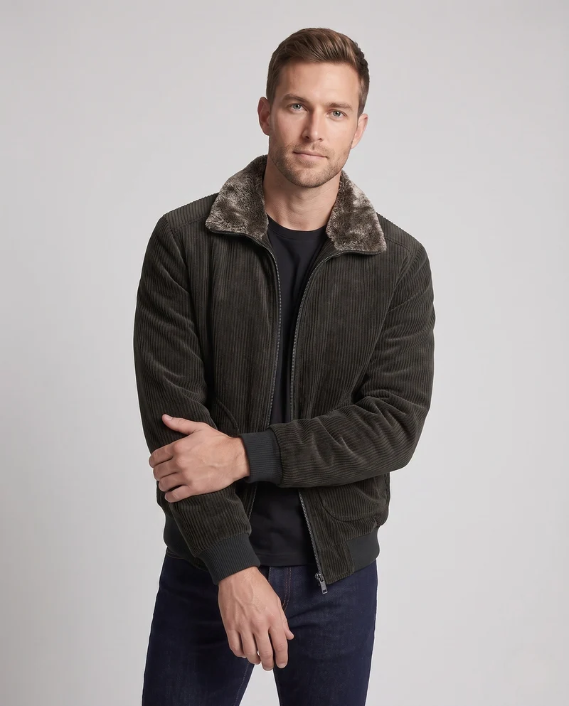 Männer Cord Bomberjacke mit Teddy-Futter und Kunstfellkragen Nord Taschen