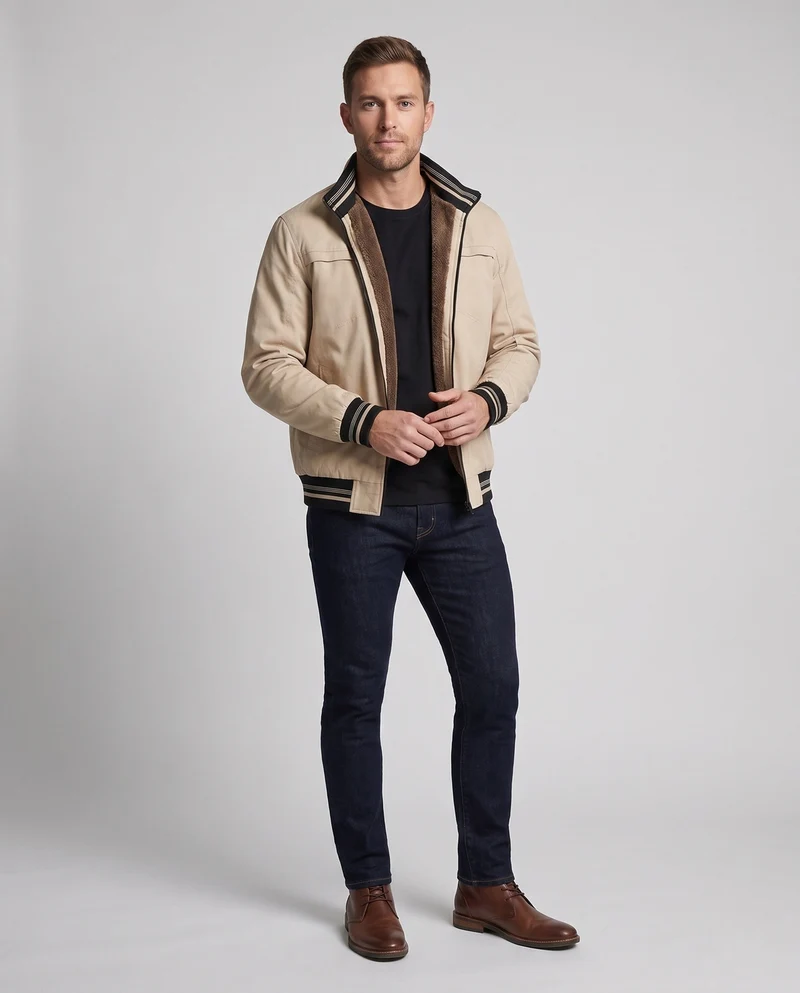 Herren Freizeit Field Blouson mit durchgehendem wärmendem Teddyfleece-Futter, Stehkragen und gestreiften Bündchen Nord Taschen