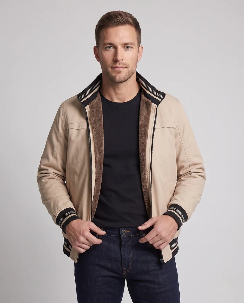 Herren Freizeit Field Blouson mit durchgehendem wärmendem Teddyfleece-Futter, Stehkragen und gestreiften Bündchen Nord Taschen