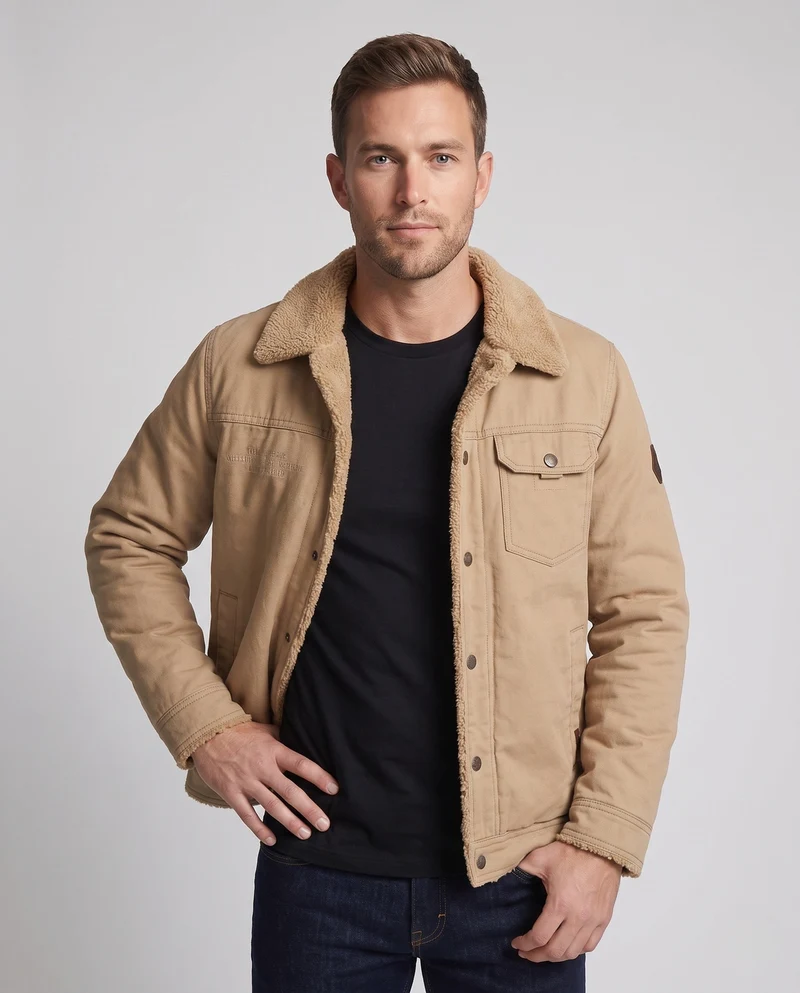 Herren-Canvas-Jacke mit durchgehendem Teddyfutter und Reverskragen Nord Taschen