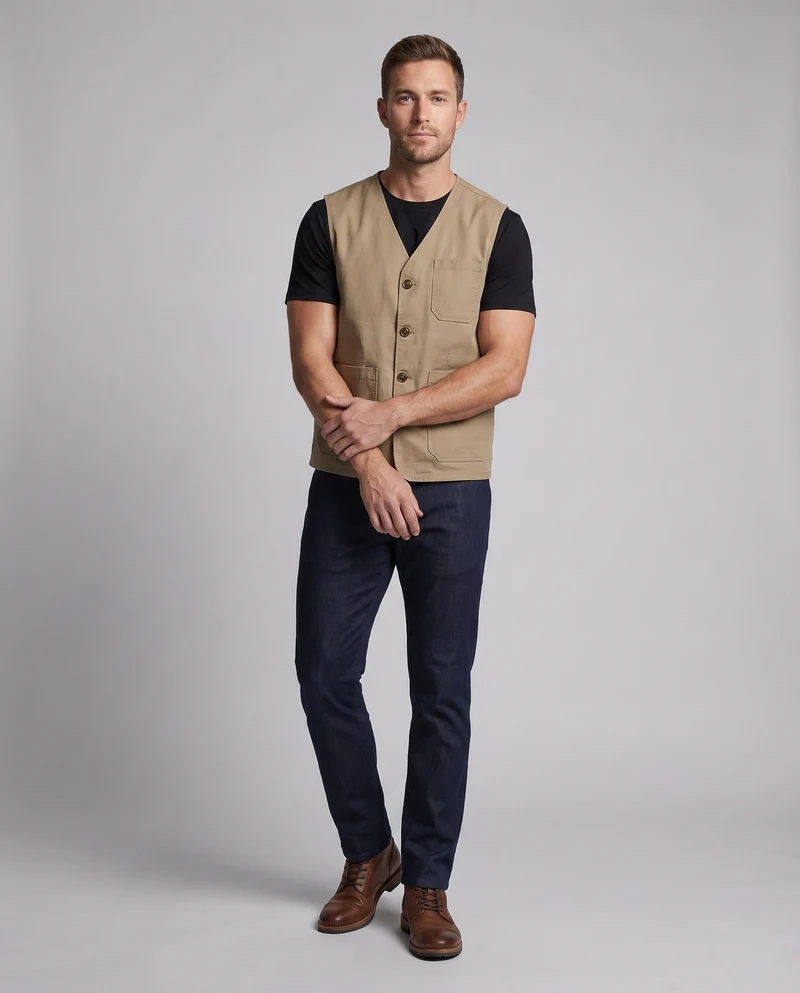 Herren-Canvas-Weste im Utility-Stil mit Knopfleiste und aufgesetzten Taschen Nord Taschen