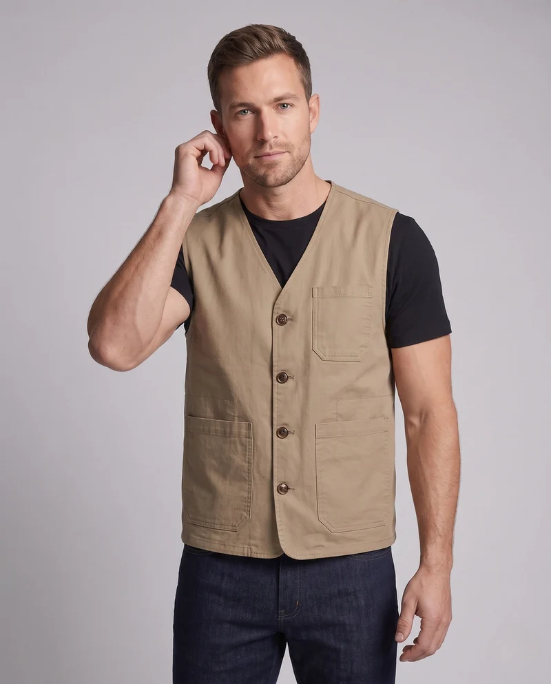 Herren-Canvas-Weste im Utility-Stil mit Knopfleiste und aufgesetzten Taschen Nord Taschen