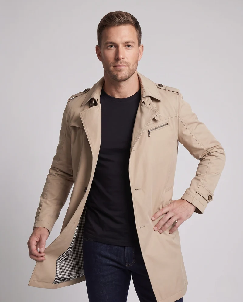 Herren Kurz-Trenchcoat im Feldstil mit Schulterklappen und kariertem Futter Nord Taschen