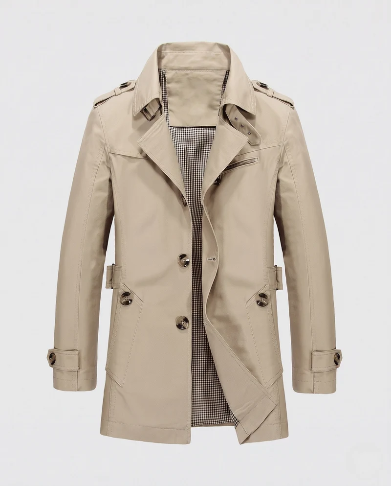 Herren Kurz-Trenchcoat im Feldstil mit Schulterklappen und kariertem Futter Nord Taschen