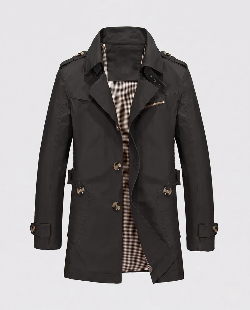 Herren Kurz-Trenchcoat im Feldstil mit Schulterklappen und kariertem Futter Nord Taschen
