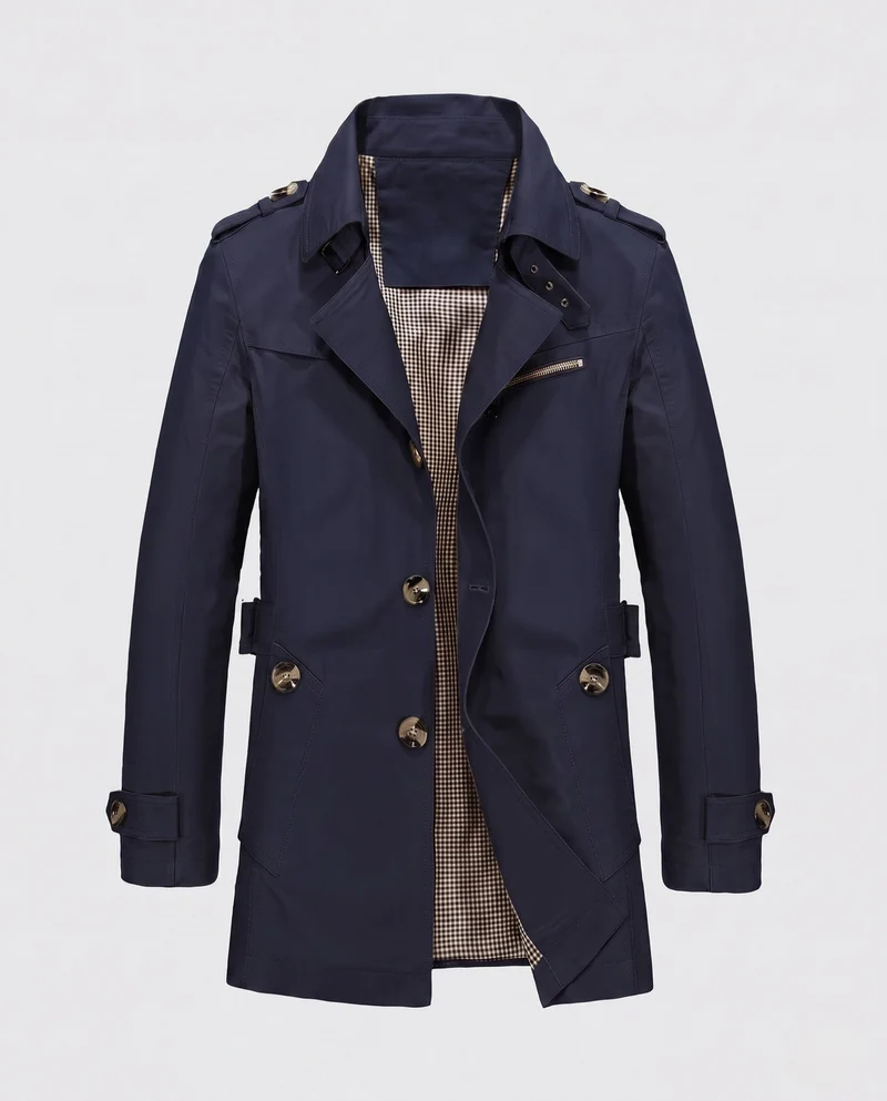 Herren Kurz-Trenchcoat im Feldstil mit Schulterklappen und kariertem Futter Nord Taschen