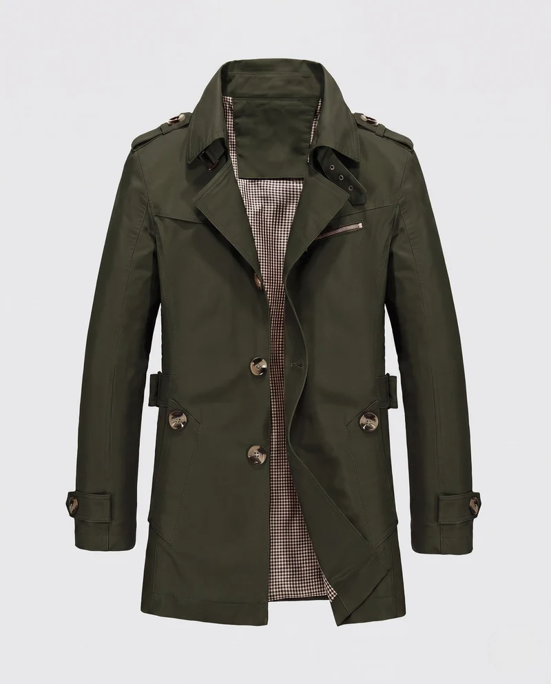Herren Kurz-Trenchcoat im Feldstil mit Schulterklappen und kariertem Futter Nord Taschen