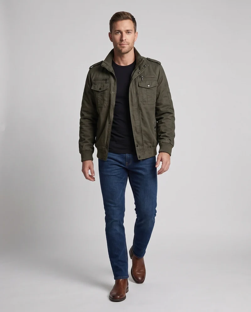 Herren Kurzpilotjacke aus Canvas mit verborgener thermischer Fütterung und Schulterepauletten Nord Taschen