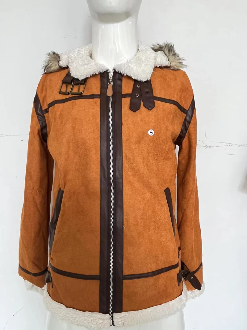 Damen Wildlederoptik Fliegerjacke mit Kunstfellkapuze und Schnallen Nord Taschen