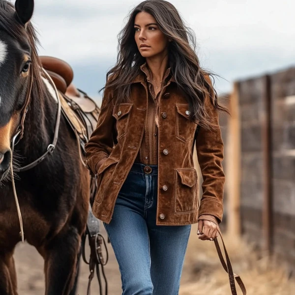 Damen Wildlederjacke im Westernstil mit Knopfleiste und Pattentaschen Nord Taschen