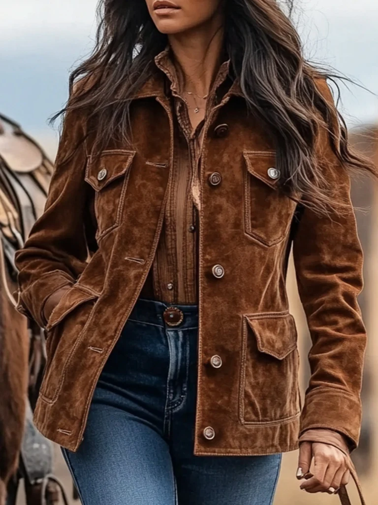 Damen Wildlederjacke im Westernstil mit Knopfleiste und Pattentaschen Nord Taschen