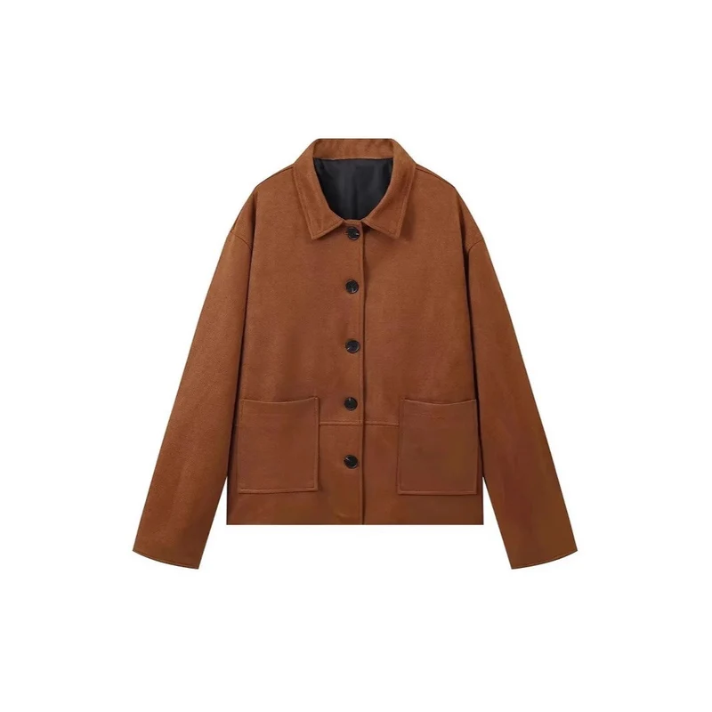Damen Velourslederjacke mit weitem Schnitt, Hemdkragen und aufgesetzten Taschen Nord Taschen