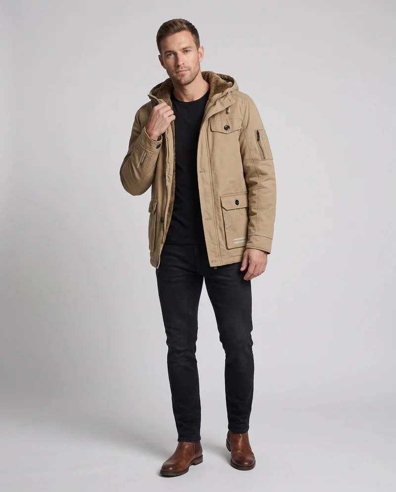 Herren Canvas Utility Parka mit wärmendem Teddy-Futter Saum, Kapuze und multifunktionalen Taschen Nord Taschen