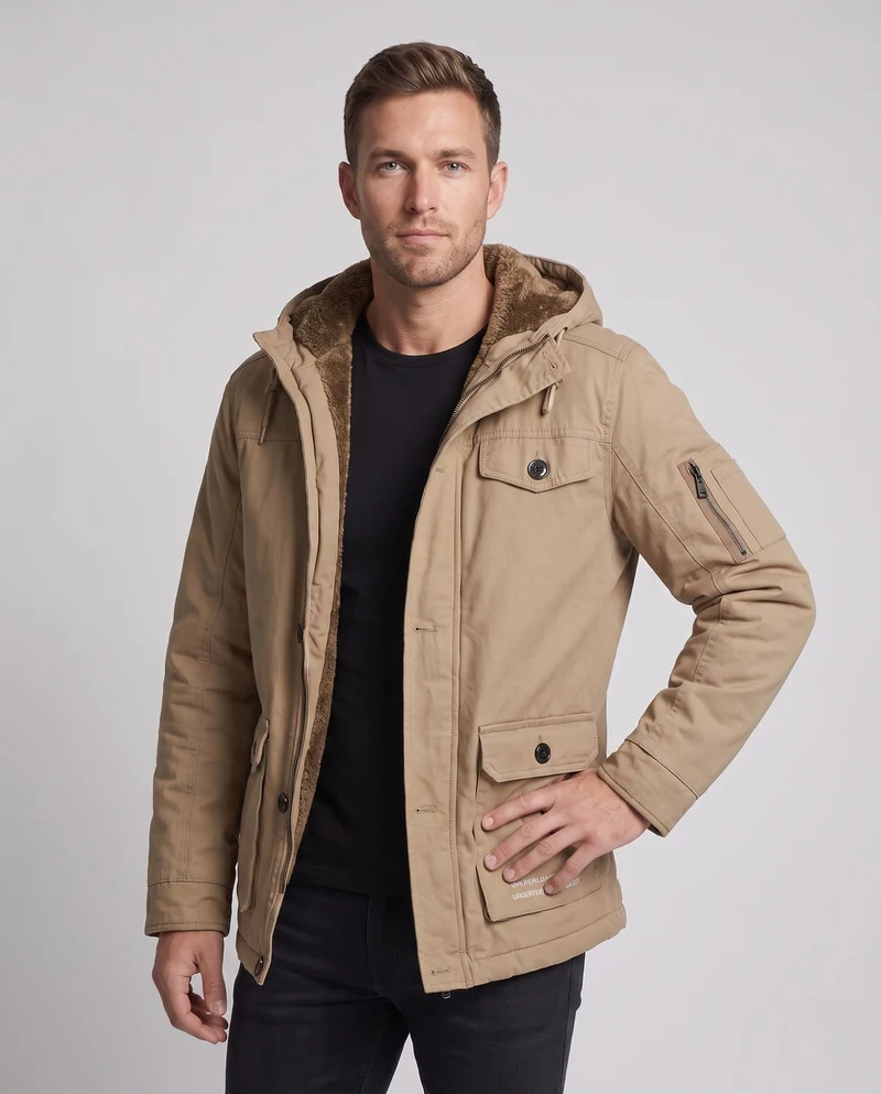 Herren Canvas Utility Parka mit wärmendem Teddy-Futter Saum, Kapuze und multifunktionalen Taschen Nord Taschen