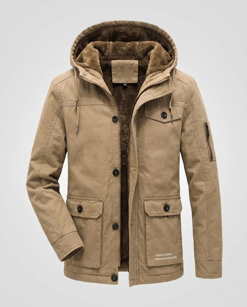 Herren Canvas Utility Parka mit wärmendem Teddy-Futter Saum, Kapuze und multifunktionalen Taschen Nord Taschen