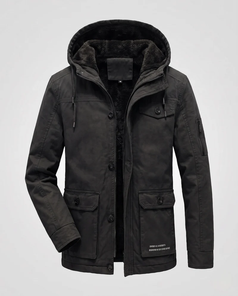 Herren Canvas Utility Parka mit wärmendem Teddy-Futter Saum, Kapuze und multifunktionalen Taschen Nord Taschen