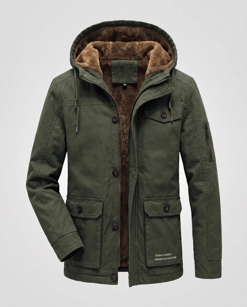 Herren Canvas Utility Parka mit wärmendem Teddy-Futter Saum, Kapuze und multifunktionalen Taschen Nord Taschen