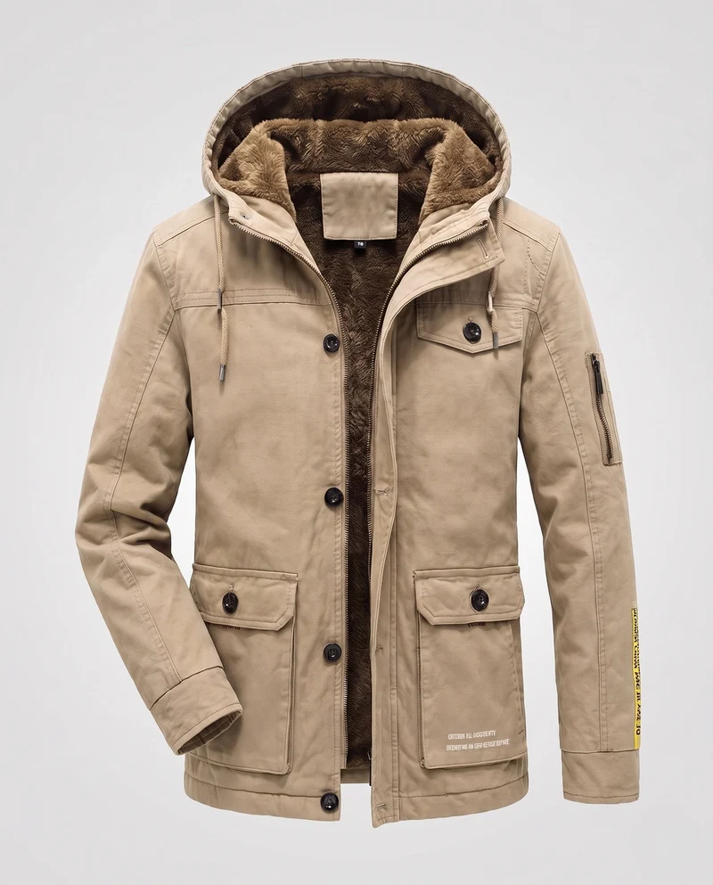 Herren Canvas Utility Parka mit wärmendem Teddy-Futter Saum, Kapuze und multifunktionalen Taschen Nord Taschen