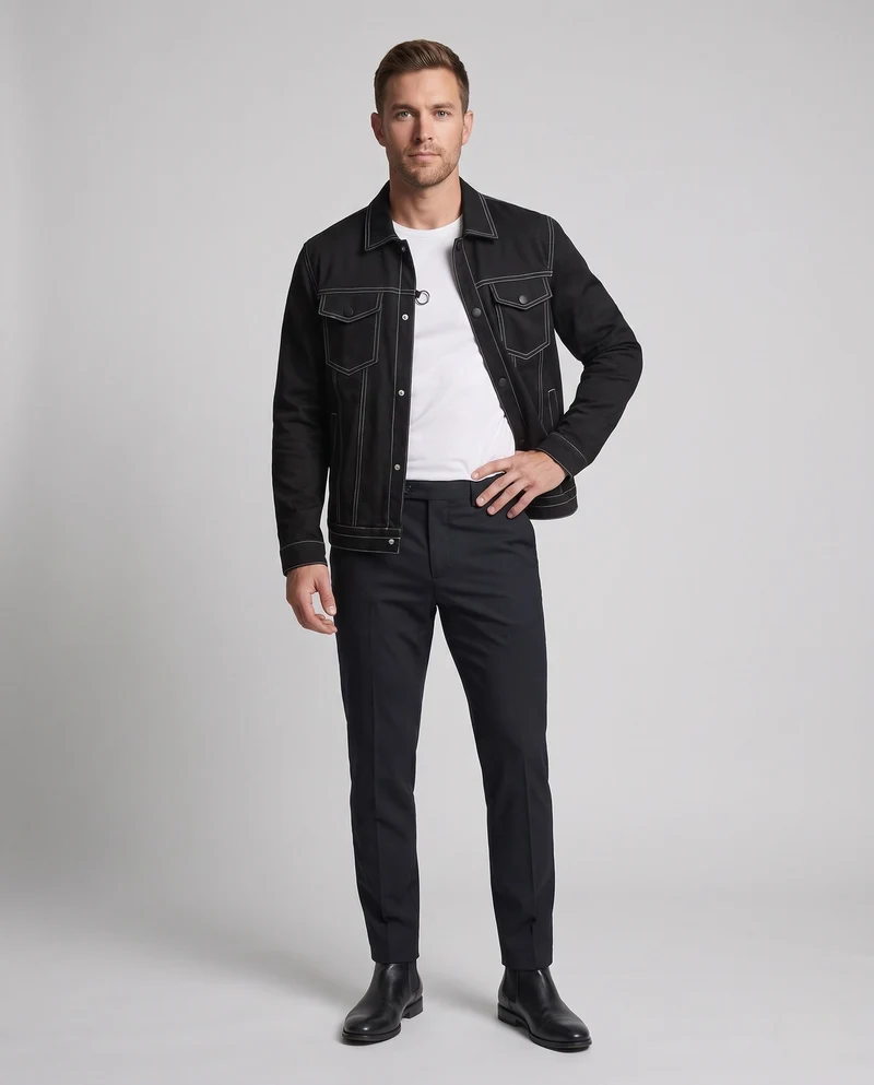 Herren Canvas Jeansjacke mit Kontrastnähten, Druckknopf Front und Brusttaschen Nord Taschen