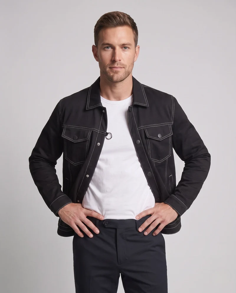 Herren Canvas Jeansjacke mit Kontrastnähten, Druckknopf Front und Brusttaschen Nord Taschen