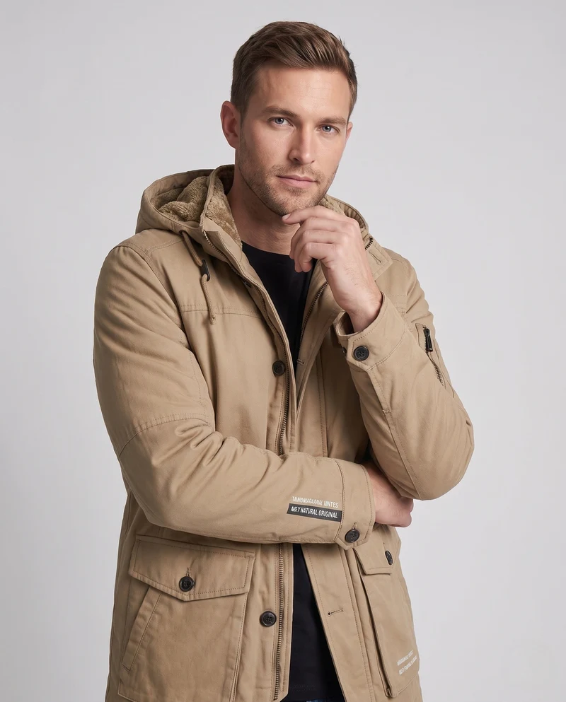 Herren Canvas Field Parka mit Teddy-Fleece-Futter, Kapuze und Utility-Taschen Nord Taschen