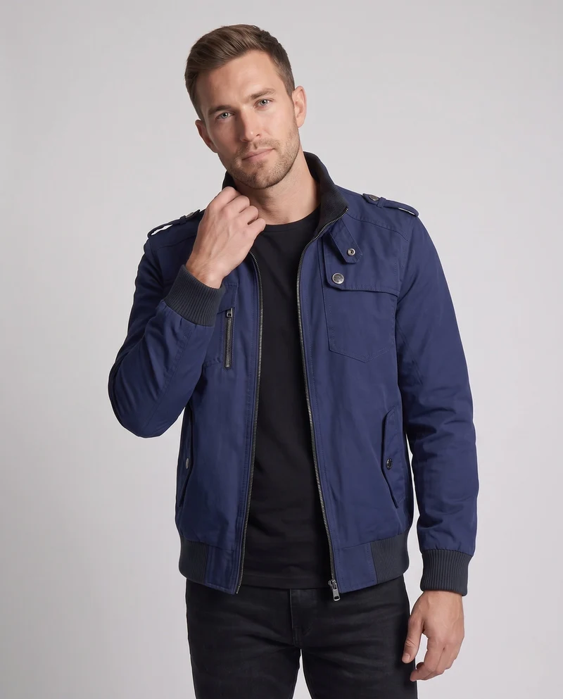 Herren Utility-Style Canvas-Feldjacke mit Schulterklappen, Reißverschluss und gerippten Bündchen Nord Taschen