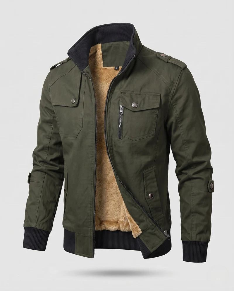Herren Utility-Style Canvas-Feldjacke mit Schulterklappen, Reißverschluss und gerippten Bündchen Nord Taschen