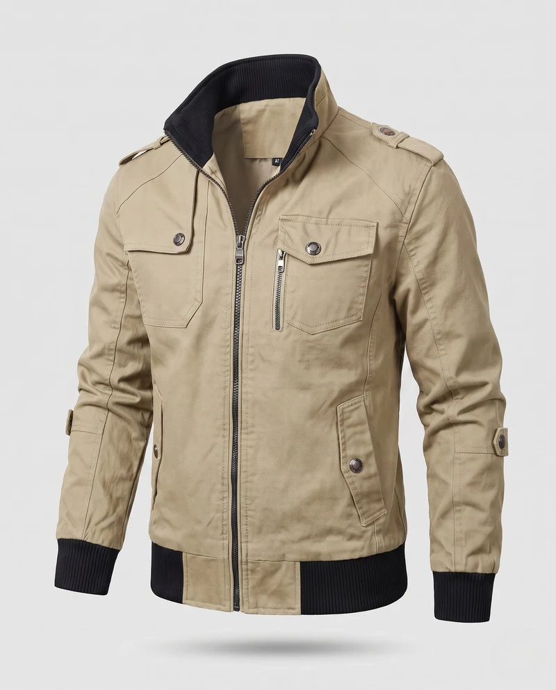Herren Utility-Style Canvas-Feldjacke mit Schulterklappen, Reißverschluss und gerippten Bündchen Nord Taschen