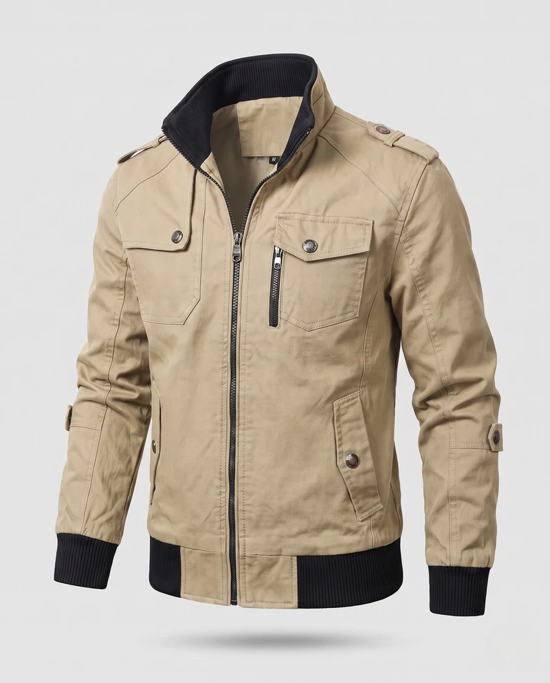 Herren Utility-Style Canvas-Feldjacke mit Schulterklappen, Reißverschluss und gerippten Bündchen Nord Taschen