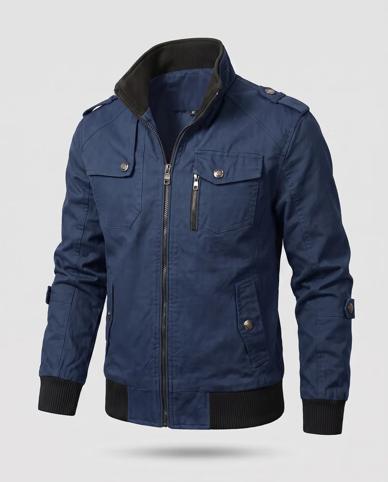 Herren Utility-Style Canvas-Feldjacke mit Schulterklappen, Reißverschluss und gerippten Bündchen Nord Taschen